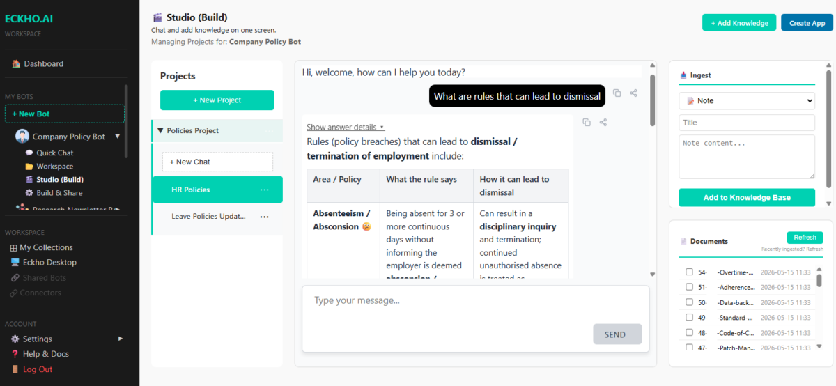 Eckho Bots studio — personalise your bot's purpose and style