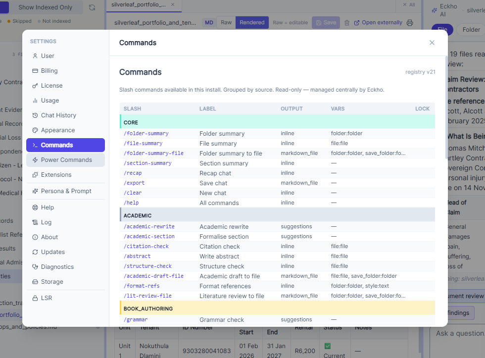 Eckho Desktop — pack commands shown from settings