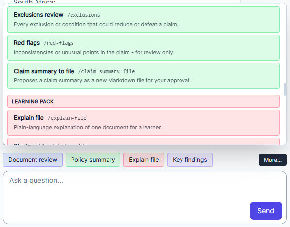 Eckho Desktop — slash command menu showing available commands