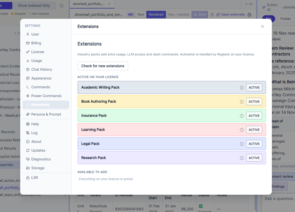 Eckho Desktop — extension packs toggled on in settings