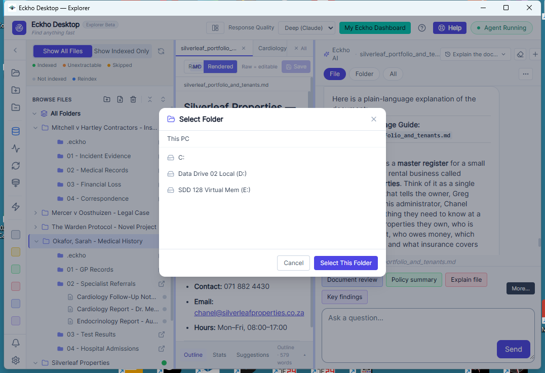 Eckho Desktop — load folder dialogue to begin
